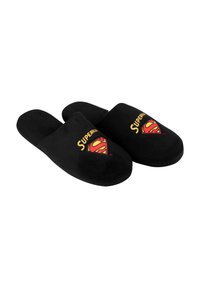 Black slippers made of soft material, featuring an embroidered red and yellow Superman logo with "Superman" text above it.