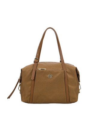 Borsa a tracolla marrone con texture, dotata di doppio manico e tracolla regolabile. Presenta una tasca frontale con zip e un dettaglio logo metallico.