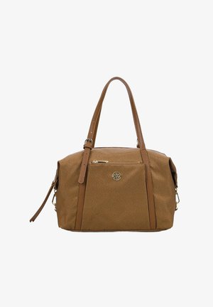 Borsa a tracolla marrone con texture, dotata di doppio manico e tracolla regolabile. Presenta una tasca frontale con zip e un dettaglio logo metallico.