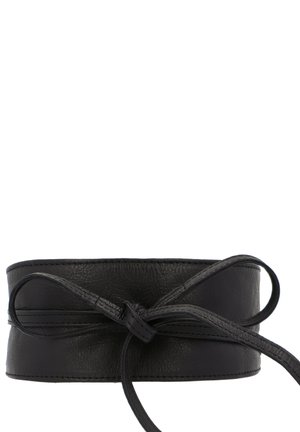 Ceinture de taille en cuir noir avec une texture lisse, ornée d'un design en nœud et de liens ajustables pour la fermeture, mesurant environ 5 cm de large.