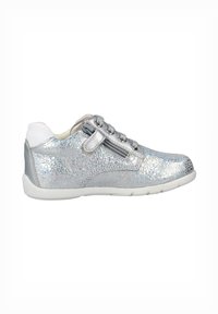Silver sneakers with a textured, iridescent finish. Features include a zip closure and white accents on the heel and collar. Rubber sole.
