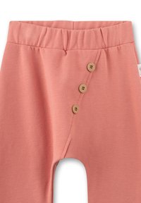 Rosa Baumwollhosen mit weicher Textur, ausgestattet mit einem dehnbaren Bund und fünf dekorativen Holzknöpfen an der Seite.