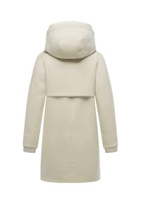 Manteau beige clair avec une capuche, des manches longues et une coupe décontractée. Fabriqué dans un tissu doux au toucher lisse et avec un panneau arrière surdimensionné.