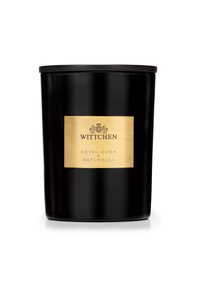 Barattolo di candela nera con una superficie liscia, etichetta dorata che riporta la scritta "Wittchen Royal Oudh & Patchouli" e un coperchio nero.