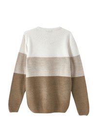Pull tricoté présentant un motif à rayures horizontales blanc, beige et marron. Col rond, manches longues, et poignets et ourlet côtelés.