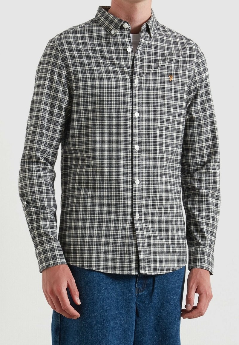 Homme portant une chemise à carreaux noirs et blancs boutonnée avec col et manches longues, associée à un jean bleu.