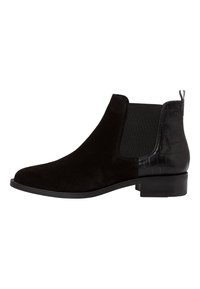 Stivaletti neri in suede con un accento in croc-embossed lucido e liscio. Presentano pannelli laterali elastici e un tacco basso a blocco.