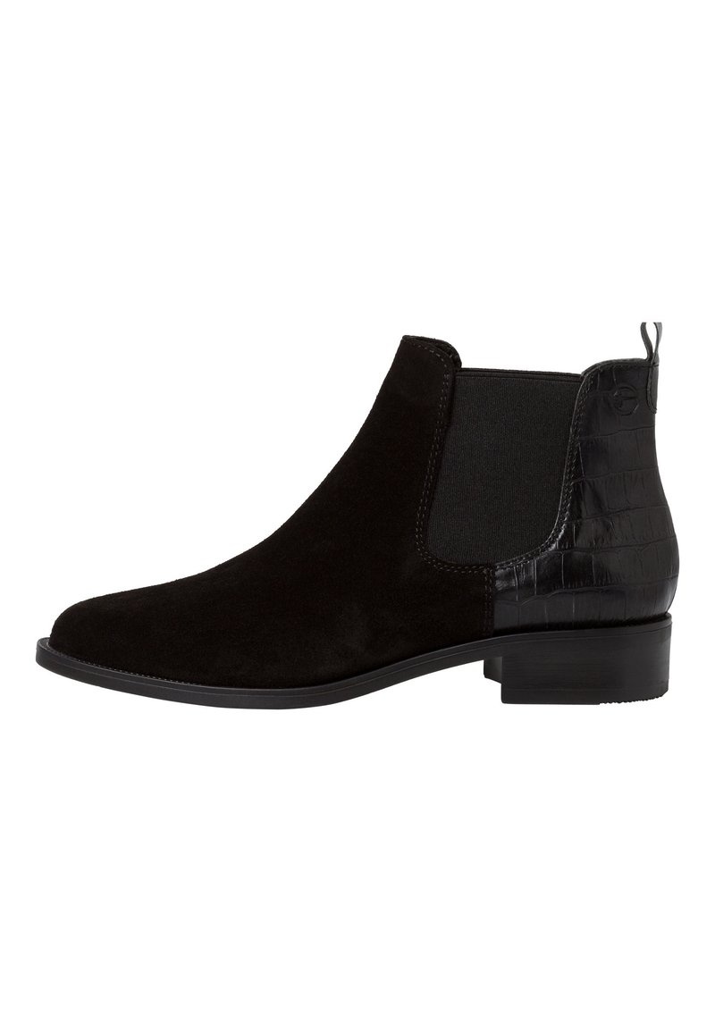 Stivaletti neri in suede con un accento in croc-embossed lucido e liscio. Presentano pannelli laterali elastici e un tacco basso a blocco.