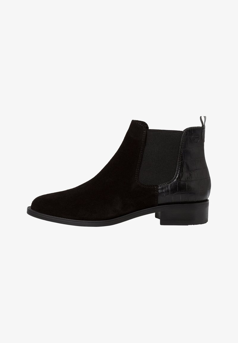 Stivaletti neri in suede con un accento in croc-embossed lucido e liscio. Presentano pannelli laterali elastici e un tacco basso a blocco.