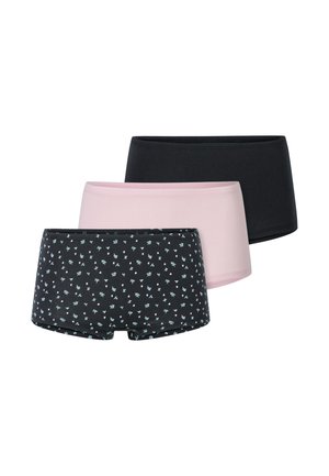 Drei Paare Damen-Shorts-Unterwäsche: schwarz mit floralem Muster, einfarbig in Rosa und einfarbig in Schwarz. Hergestellt aus weichem, dehnbarem Stoff.