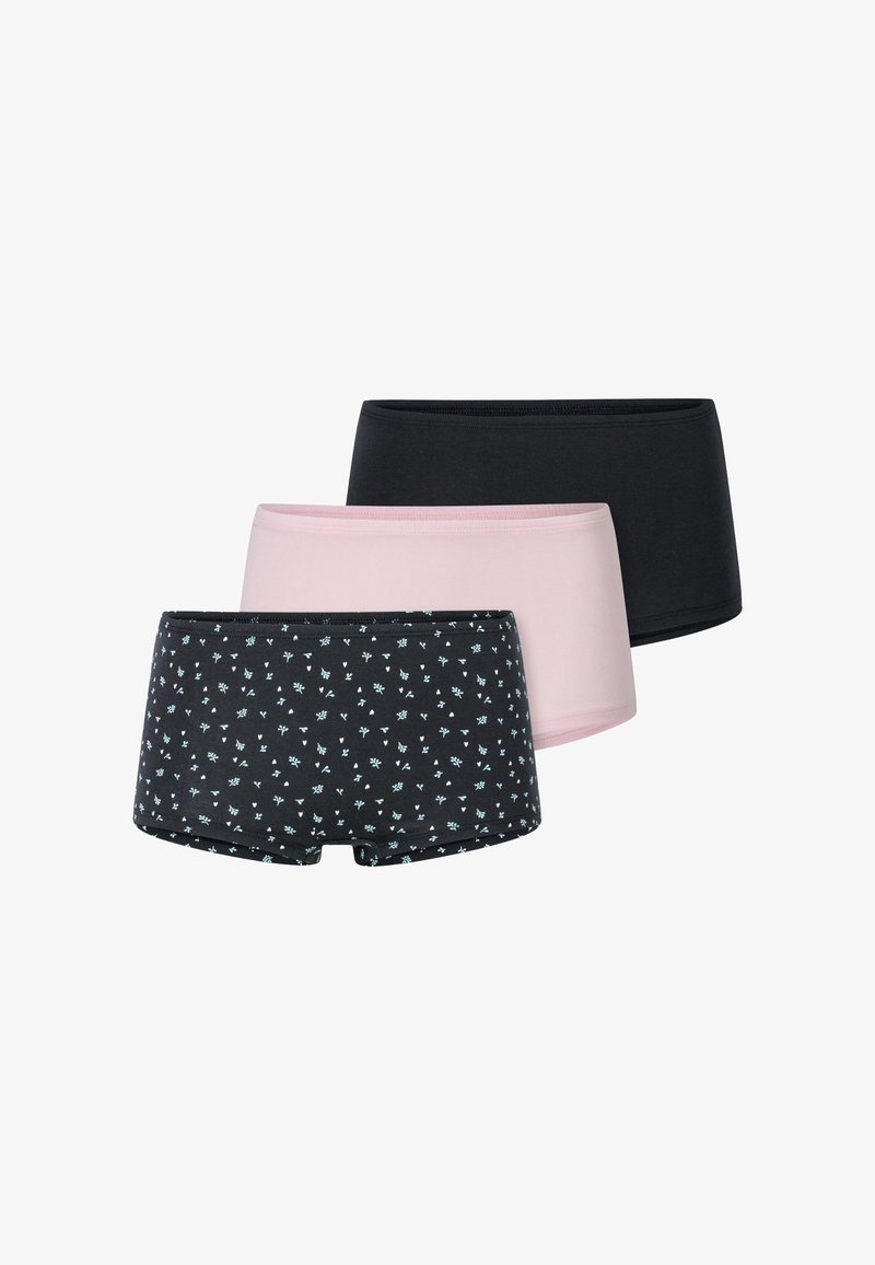 Drei Paare Damen-Shorts-Unterwäsche: schwarz mit floralem Muster, einfarbig in Rosa und einfarbig in Schwarz. Hergestellt aus weichem, dehnbarem Stoff.
