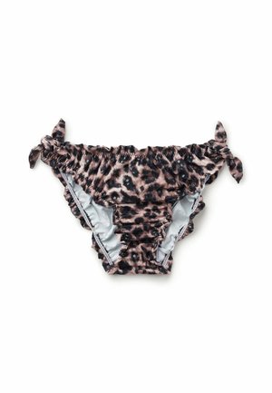 Parte inferior de bikini con estampado de leopardo, bordes con volantes y lazos laterales ajustables sobre fondo blanco.