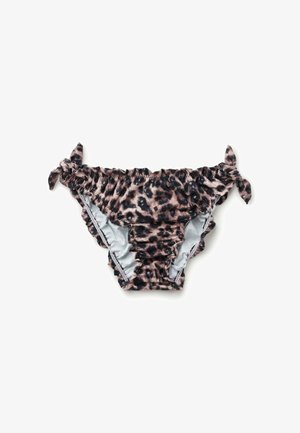 Bas de bikini imprimé léopard avec bords froncés et liens latéraux ajustables sur fond blanc.