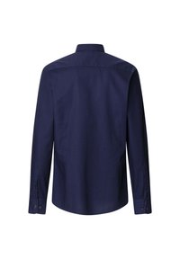 Donkerblauwe langermige shirt met een kraag, met een gladde textuur, knoopmanchetten en een ronde zoom aan de achterkant.