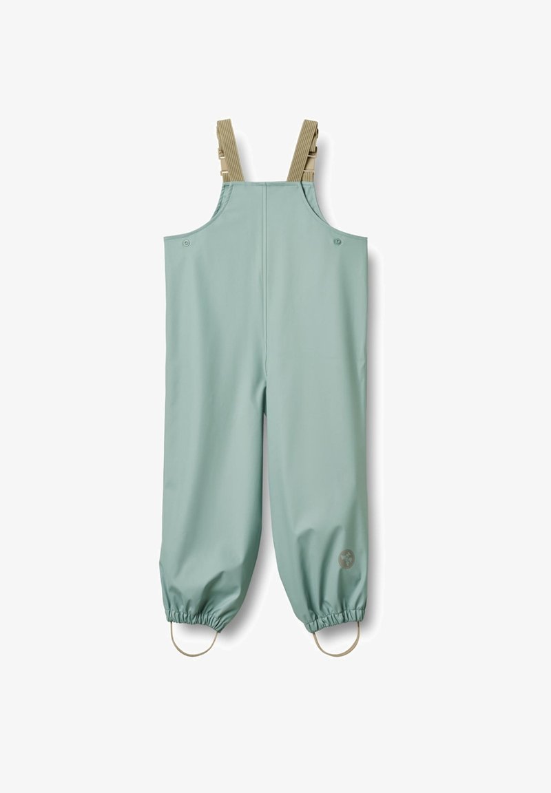 Light green waterproof overalls with adjustable tan straps, elastic ankle cuffs, and a circular hardware accent on each side.