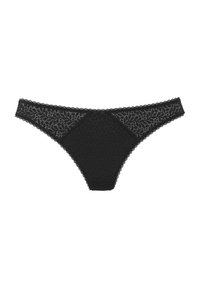 Schwarzer Spitzen-Thong mit floralem Muster, gewellten Kanten und glattem Stoff. Entworfen mit einem tiefen Bund für Komfort und Stil.