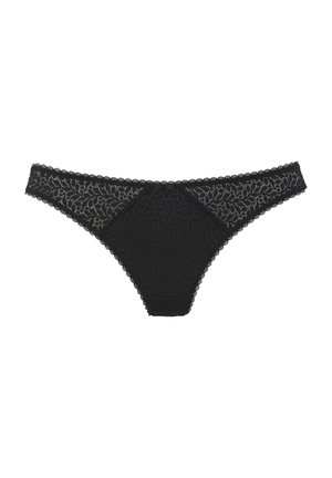 Black lace thong featuring floral pattern, scalloped edges, and smooth fabric. Designed with a low-rise fit for comfort and style.