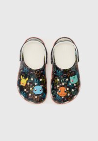 Black clogs with white interior, featuring colorful cartoon character prints, including Pikachu and Squirtle, and a red outer sole.