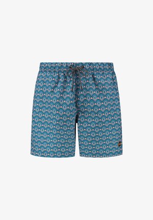 Blaue gemusterte Badehosen mit einem Kordelzugbund, die ein geometrisches Diamantenmuster mit rosa und weißen Akzenten zeigen.