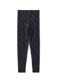 Zwarte legging met een grijze zebraprint, gemaakt van rekbare stof met een gladde textuur en een elastische tailleband.