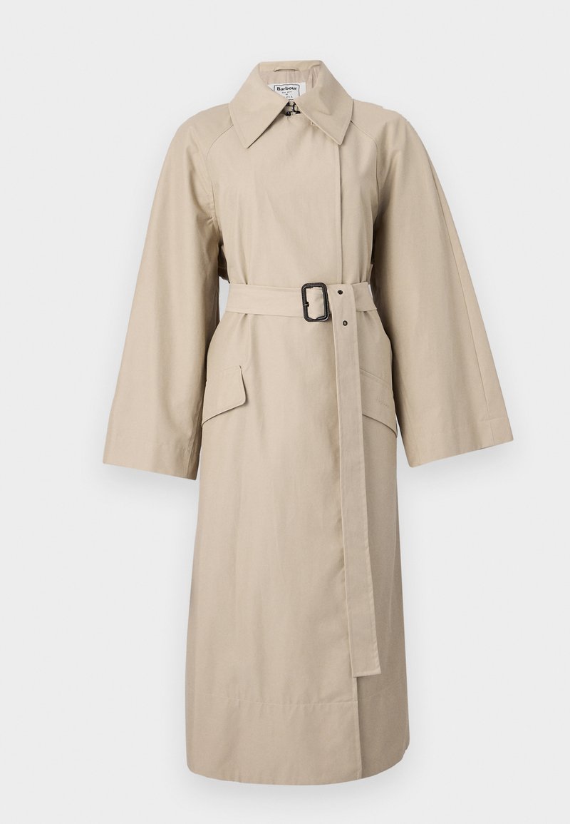Beige Trenchcoat mit einem großen Kragen, weiten Ärmeln, tailliertem Bund und Seitentaschen. Hergestellt aus strukturiertem Stoff und präsentiert ein schlichtes, minimalistisches Design.