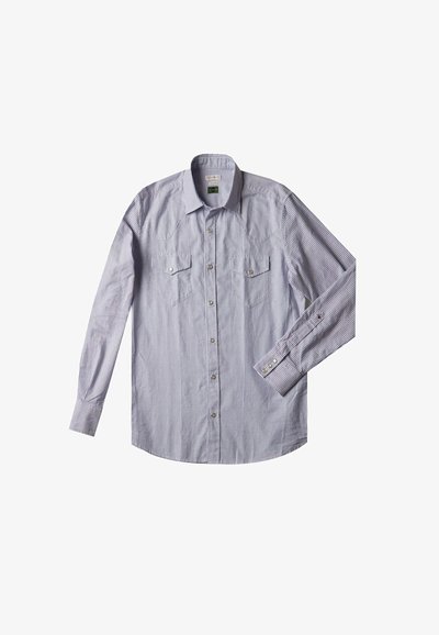 Camicia a maniche lunghe a righe verticali blu e bianche, in cotone, con chiusura a bottoni, tasche in stile western, bottoni argentati, colletto a punta.