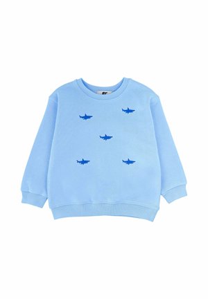 Hellblaues langärmeliges Sweatshirt mit gerippten Bündchen, Rundhalsausschnitt und fünf kleinen blauen Hai-Grafiken auf der Vorderseite.