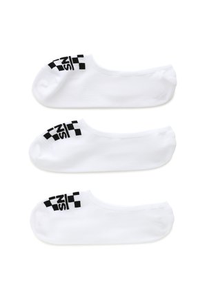 Calcetines blancos hasta el tobillo, hechos de una tela suave, con un logo negro y un patrón de tablero de ajedrez en el talón. Tres pares apilados ordenadamente.