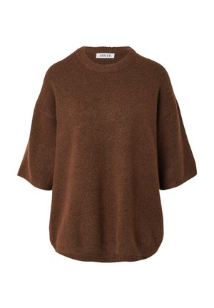Brauner Strickpullover mit Rundhalsausschnitt, kurzen Ärmeln und lockerer Passform. Weicher Stoff und gleichmäßige Nähte.
