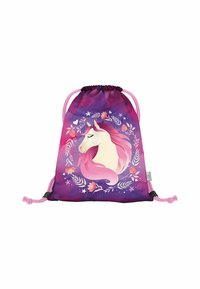 Sacca con coulisse caratterizzata da un design in gradiente viola e rosa. Presenta un unicorno bianco circondato da decorazioni floreali e stelle. Coulisse rosa.