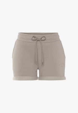 Light gray cotton shorts with an elastic waistband, drawstring, and side pockets. Rolled cuffs and embossed logo detail on the front.