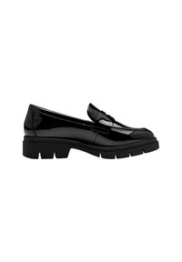 Mocassin noir brillant avec semelle épaisse à rainures et petit talon, style slip-on avec une bride sur le dessus.