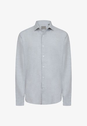 Camicia grigia chiara a maniche lunghe con bottoni, realizzata in un tessuto testurizzato. Presenta un colletto classico, patta frontale con bottoni e orlo curvo.
