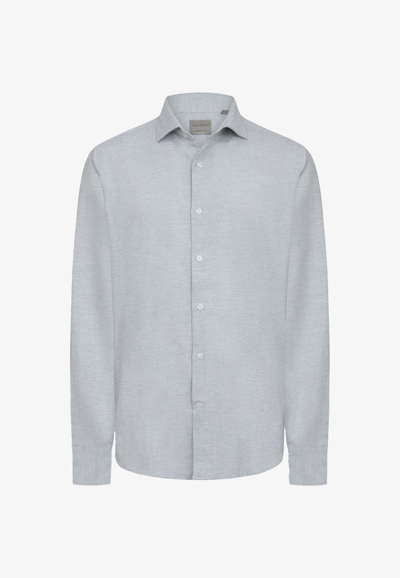 Lys grå langærmet skjorte med knapper, lavet af tekstureret stof. Har en klassisk krave, frontliste med knapper og bøjede kanter.