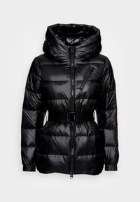 Sort, polstret jakke med en blank finish, med hætte, lynlåslukninger, elastiske manchetter og bælte i taljen. Vandret quiltet mønster.