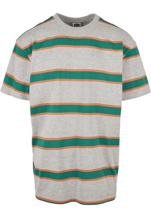 Gray short-sleeve T-shirt featuring horizontal green and orange stripes, round neckline, and a relaxed fit. Made from soft cotton material.
