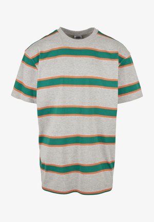 T-shirt grigia a maniche corte con righe orizzontali verdi e arancioni, scollatura rotonda e vestibilità comoda. Realizzata in morbido cotone.