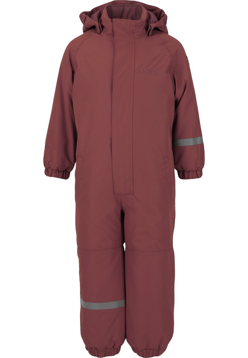 Bordeauxkleurige geïsoleerde sneeuwbroek voor kinderen met een kap, elastische manchetten en reflecterende strepen op de mouwen en benen voor zichtbaarheid. Waterdicht materiaal.