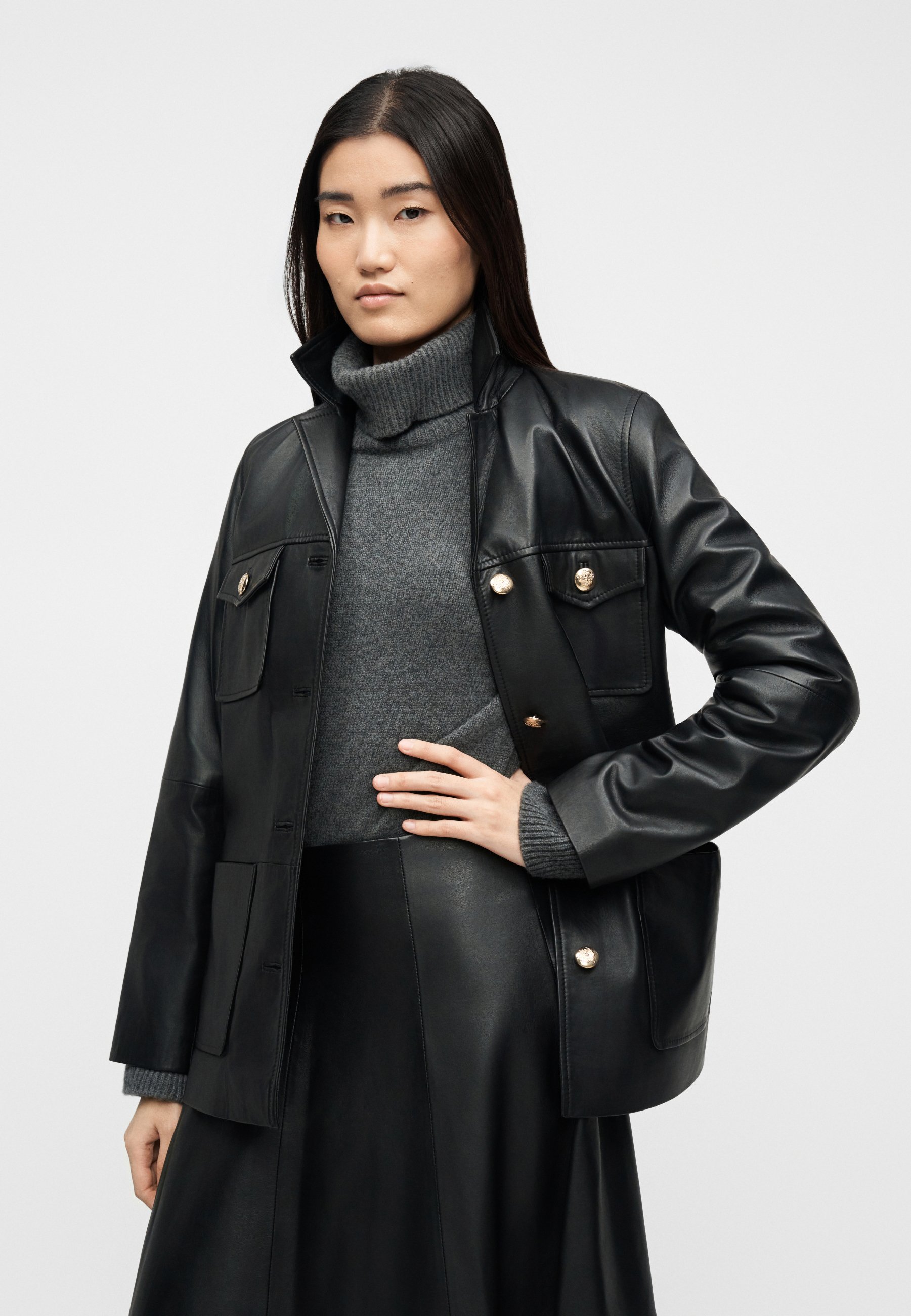 STUDIO ID SHACKET WITH GOLD BUTTONS - Leather jacket - black