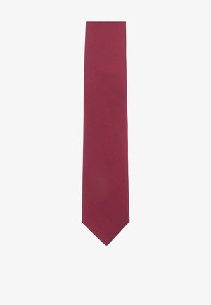 Burgundy tie made of smooth fabric, features a narrow, standard width design, and has a pointed tip with a subtle ribbed texture.