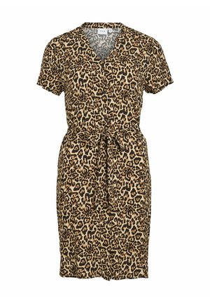 Robe portefeuille à manches courtes en tissu léger avec un motif léopard, dotée d'un décolleté en V et d'une taille à nouer pour un ajustement réglable.