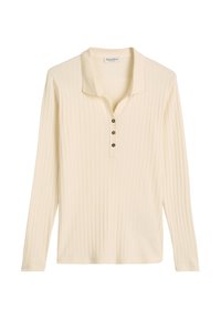 Langärmliges Oberteil in Cremefarbe, gerippte Textur, mit Kragen und einer Knopfleiste, die drei dunkle Knöpfe aufweist. Weiches Material.