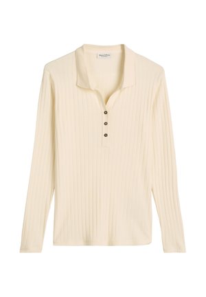 Langärmliges Oberteil in Cremefarbe, gerippte Textur, mit Kragen und einer Knopfleiste, die drei dunkle Knöpfe aufweist. Weiches Material.