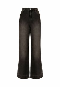 Jean en denim noir à jambes larges avec une taille haute, présentant un léger effet ombré, des poches avant et une fermeture à bouton à la ceinture.