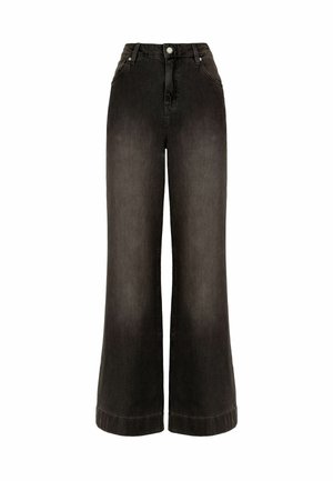 Czarne dżinsy o szerokich nogawkach z wysokim stanem, z delikatnym efektem ombre, przednimi kieszeniami i zapięciem na guzik w pasie.