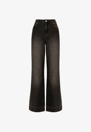 Schwarze Jeans mit weitem Bein und hoher Taille, mit leichtem Ombre-Effekt, vorderen Taschen und Knopfverschluss am Bund.