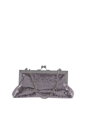 Piccola pochette rettangolare viola con paillettes, cornice metallica argento, chiusura a sfera e tracolla a catena argentata removibile.