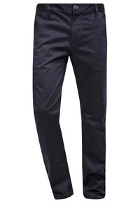Marinblå smala byxor för män med knappstängning, bälteshällor, sidofickor och en mjuk tygstruktur.
