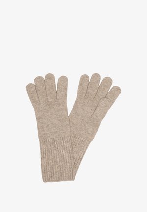 Beige gestrickte Handschuhe mit einem gerippten Bündchen, die separate Fingerabschnitte aufweisen und ein strukturiertes Muster im gesamten Gewebe haben.