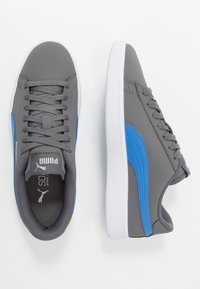 Šedé tenisky s modrým bočním pruhem, šněrováním a bílou podešví. Vyrobeny z syntetického materiálu s hladkým povrchem.